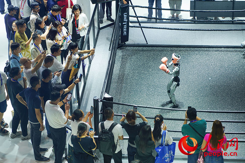 宇树科技人形机器人在全球数字贸易博览会上进行拳击展示。人民网 章勇涛摄