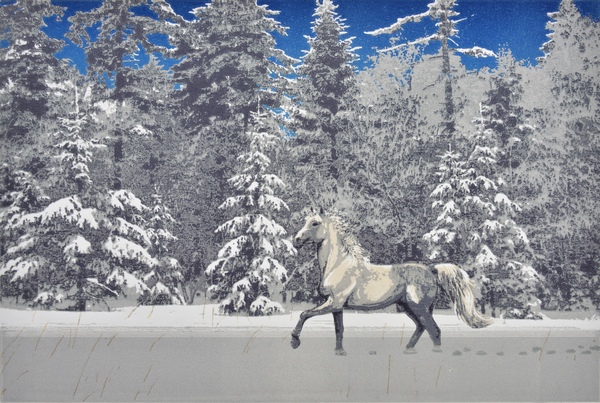 伊春市美术家协会小版画作品《骏野驰春》宋雨树。伊春市委宣传部供图