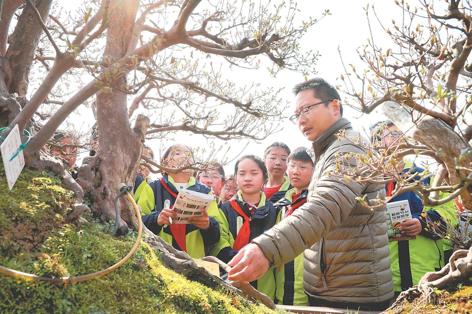 3月10日，六安市裕安区河西小学学生在皖西学院植物园聆听学院老师讲解盆景造型制作过程和科学“植绿护绿”知识。本报通讯员 田凯平 摄