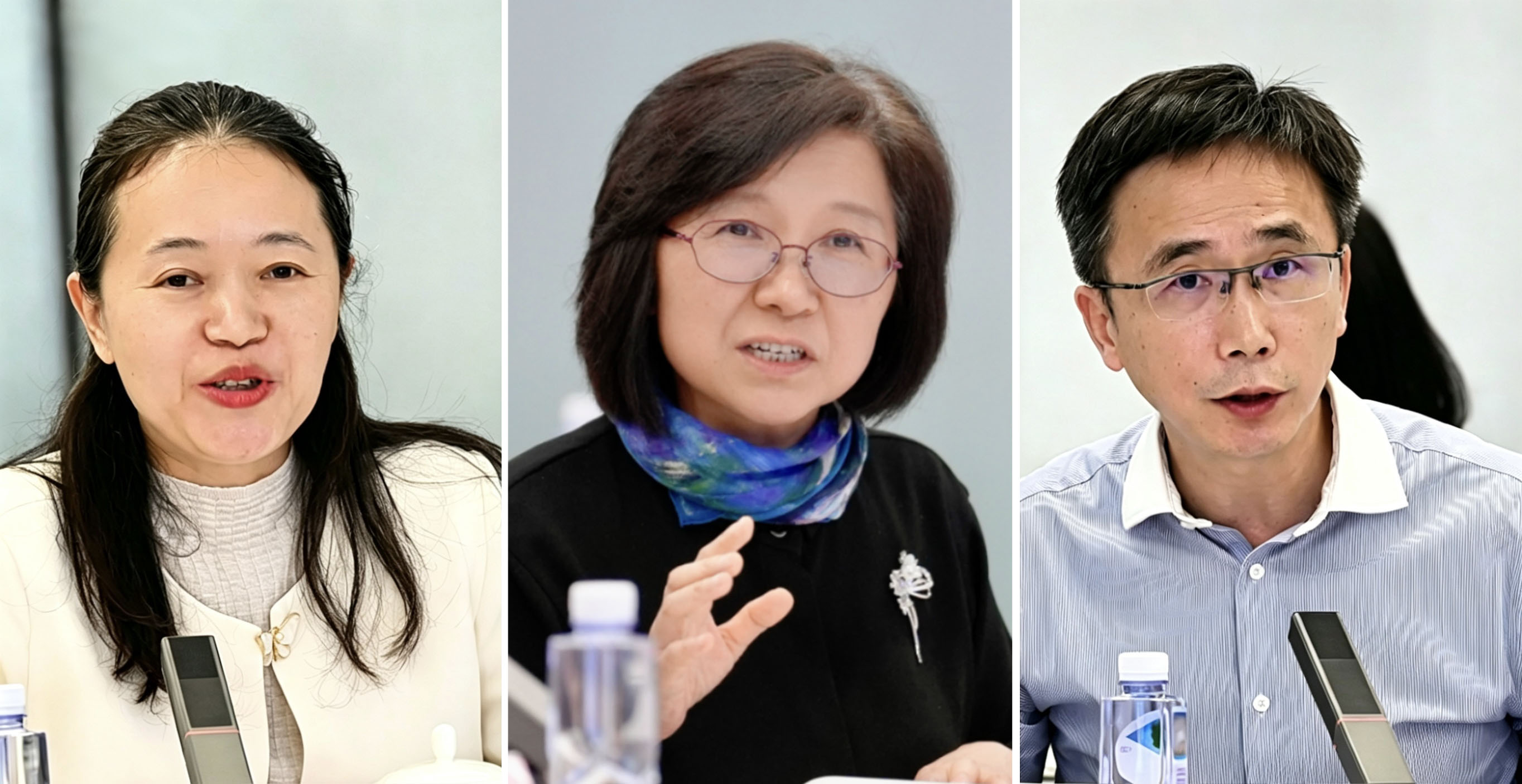 浦东新区政协副主席王小君讲话（中），浦东新区政协委员、区商务委副主任董晓玲进行主旨分享（左），浦东新区政协委员、人民网上海分公司总经理金煜纯主持（右）。 顾海民 摄